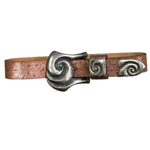Streets Ahead Brown Leather Belt Silver Swirl Buckle Boho Fits 26 - 30 Waist